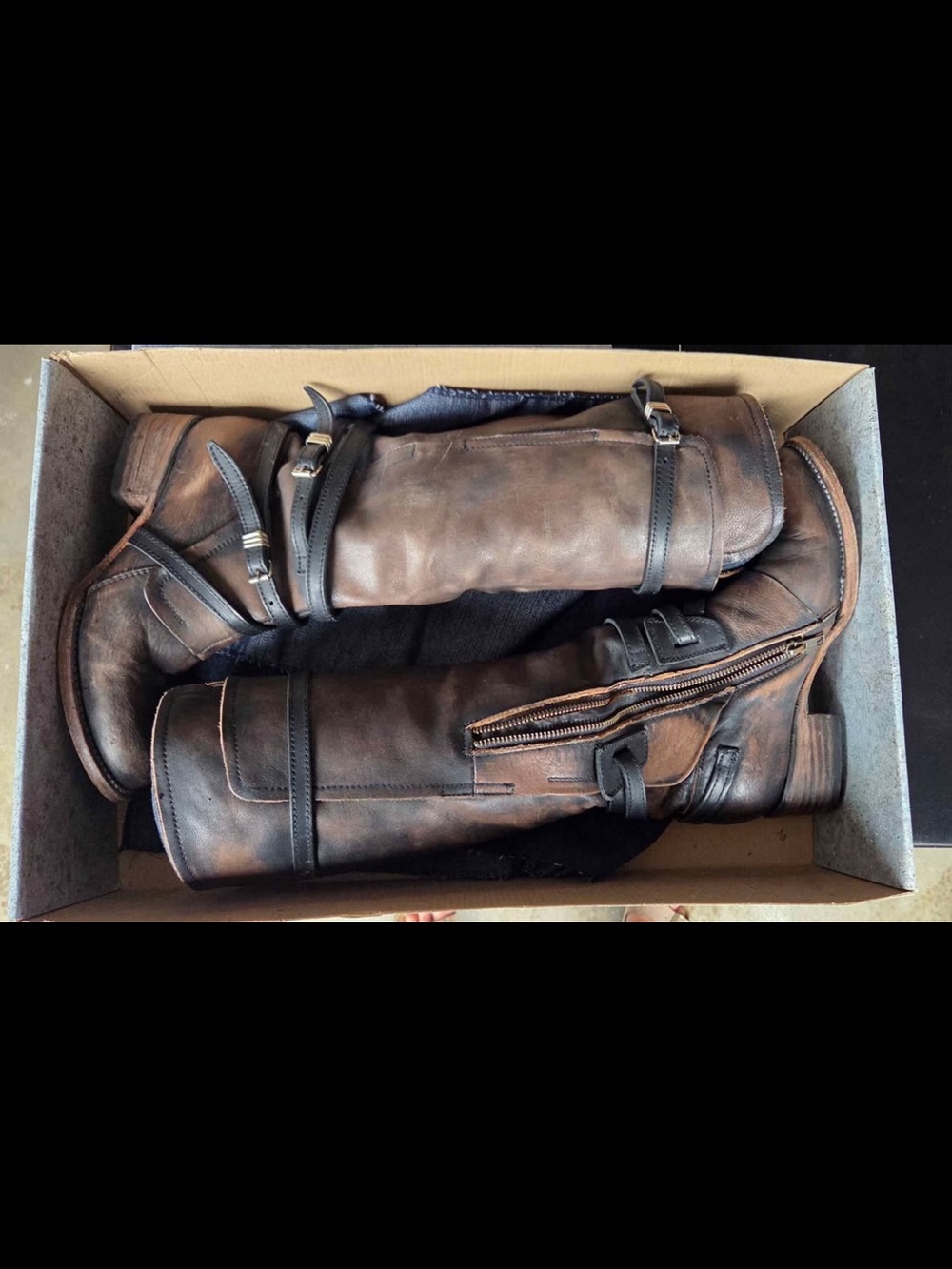 Distressed Brown Leather Knee-High Riding Boots with Buckle Detail - Picture 5 of 10